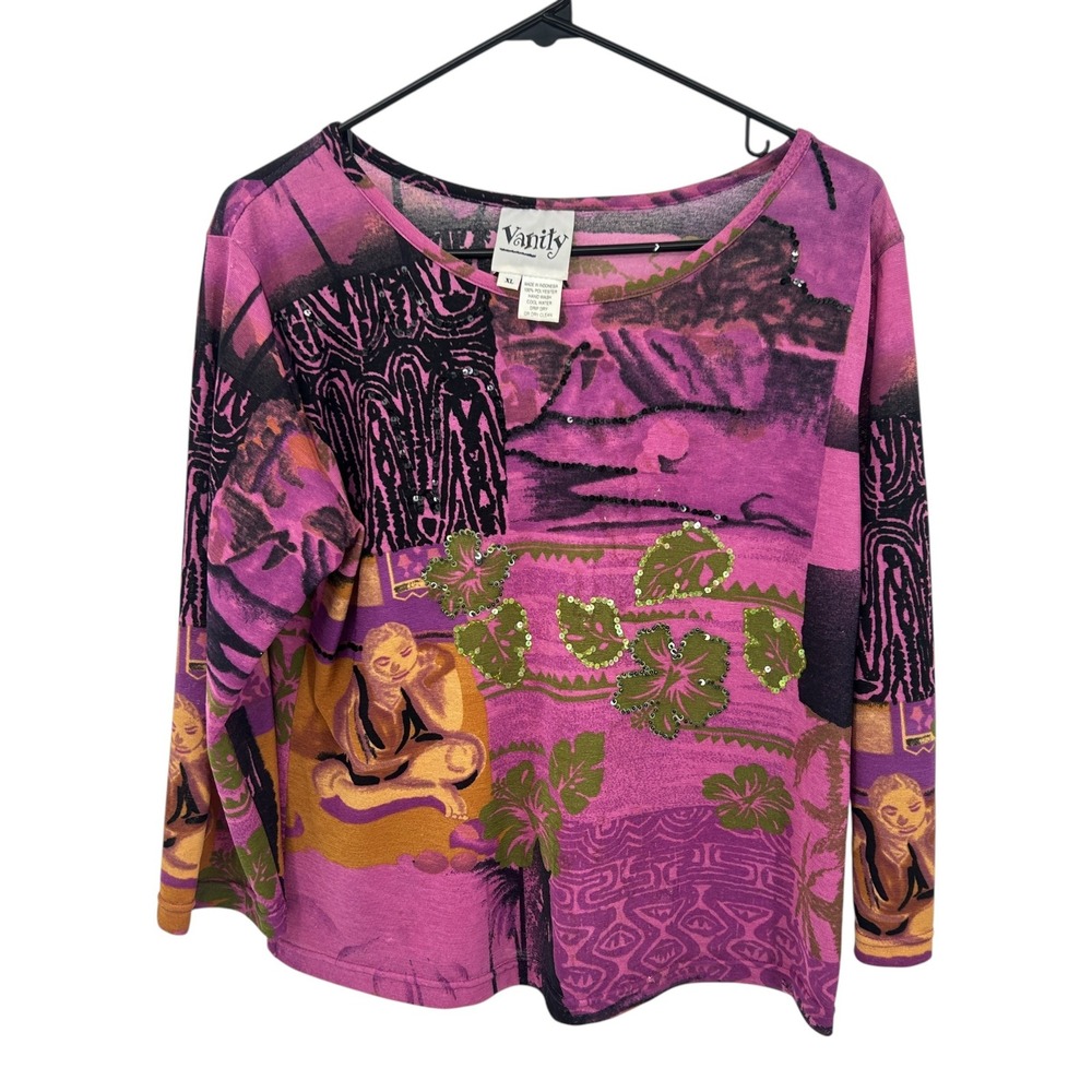 Y2K Graphic Tropical Top XL Pink Purple Sequin Indie Festival Rave Statement